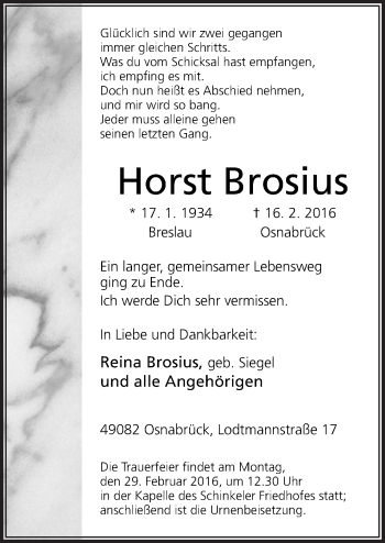 Traueranzeige von Horst Brosius von Neue Osnabrücker Zeitung GmbH & Co. KG