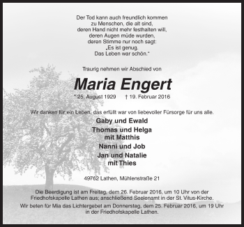 Traueranzeige von Maria Engert von Neue Osnabrücker Zeitung GmbH & Co. KG