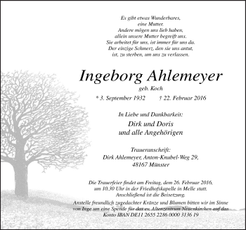 Traueranzeige von Ingeborg Ahlemeyer von Neue Osnabrücker Zeitung GmbH & Co. KG