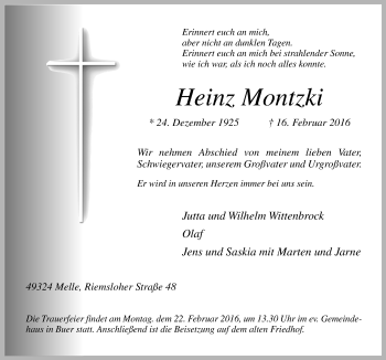 Traueranzeige von Heinz Montzki von Neue Osnabrücker Zeitung GmbH & Co. KG