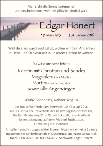 Traueranzeige von Edgar Hönert von Neue Osnabrücker Zeitung GmbH & Co. KG