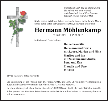 Traueranzeige von Hermann Möhlenkamp von Neue Osnabrücker Zeitung GmbH & Co. KG