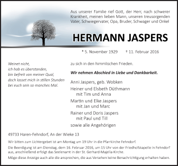 Traueranzeige von Hermann Jaspers von Neue Osnabrücker Zeitung GmbH & Co. KG