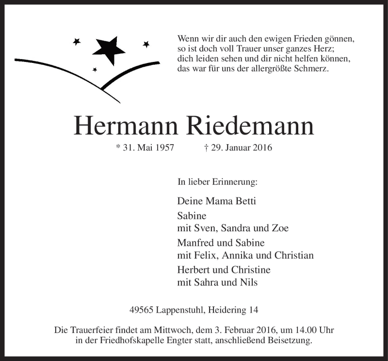  Traueranzeige für Hermann Riedemann vom 01.02.2016 aus Neue Osnabrücker Zeitung GmbH & Co. KG