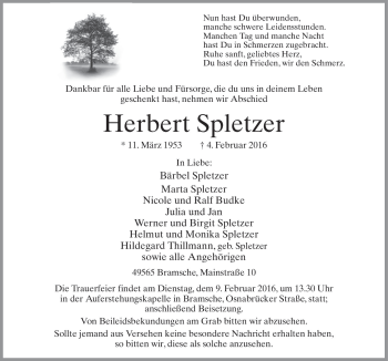 Traueranzeige von Herbert Spletzer von Neue Osnabrücker Zeitung GmbH & Co. KG