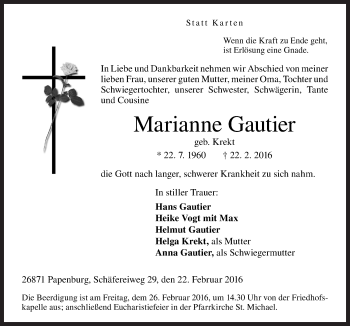 Traueranzeige von Marianne Gautier von Neue Osnabrücker Zeitung GmbH & Co. KG