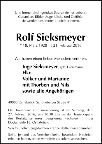 Traueranzeige von Rolf Sieksmeyer von Neue Osnabrücker Zeitung GmbH & Co. KG