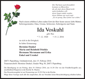 Traueranzeige von Ida Voskuhl von Neue Osnabrücker Zeitung GmbH & Co. KG