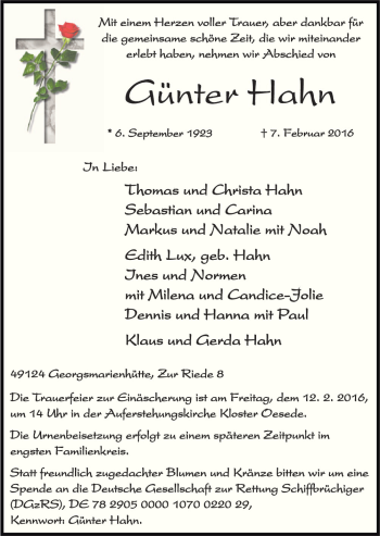 Traueranzeige von Günter Hahn von Neue Osnabrücker Zeitung GmbH & Co. KG