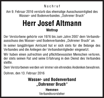 Traueranzeige von Josef Altmann von Neue Osnabrücker Zeitung GmbH & Co. KG