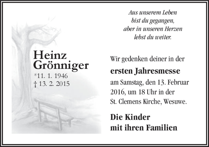  Traueranzeige für Heinz Grönniger vom 11.02.2016 aus Neue Osnabrücker Zeitung GmbH & Co. KG