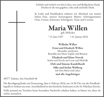 Traueranzeige von Maria Willen von Neue Osnabrücker Zeitung GmbH & Co. KG