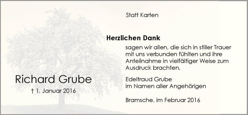  Traueranzeige für Richard Grube vom 06.02.2016 aus Neue Osnabrücker Zeitung GmbH & Co. KG