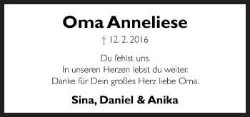 Traueranzeige von Anneliese  von Neue Osnabrücker Zeitung GmbH & Co. KG