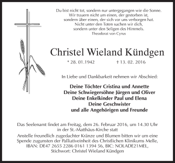Traueranzeige von Christel  Wieland Kündgen von Neue Osnabrücker Zeitung GmbH & Co. KG