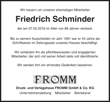 Traueranzeige von Friedrich Schminder von Neue Osnabrücker Zeitung GmbH & Co. KG