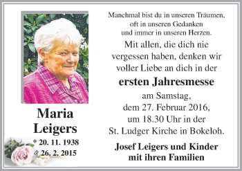 Traueranzeige von Maria Leigers von Neue Osnabrücker Zeitung GmbH & Co. KG