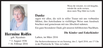 Traueranzeige von Hermine Rolfes von Neue Osnabrücker Zeitung GmbH & Co. KG