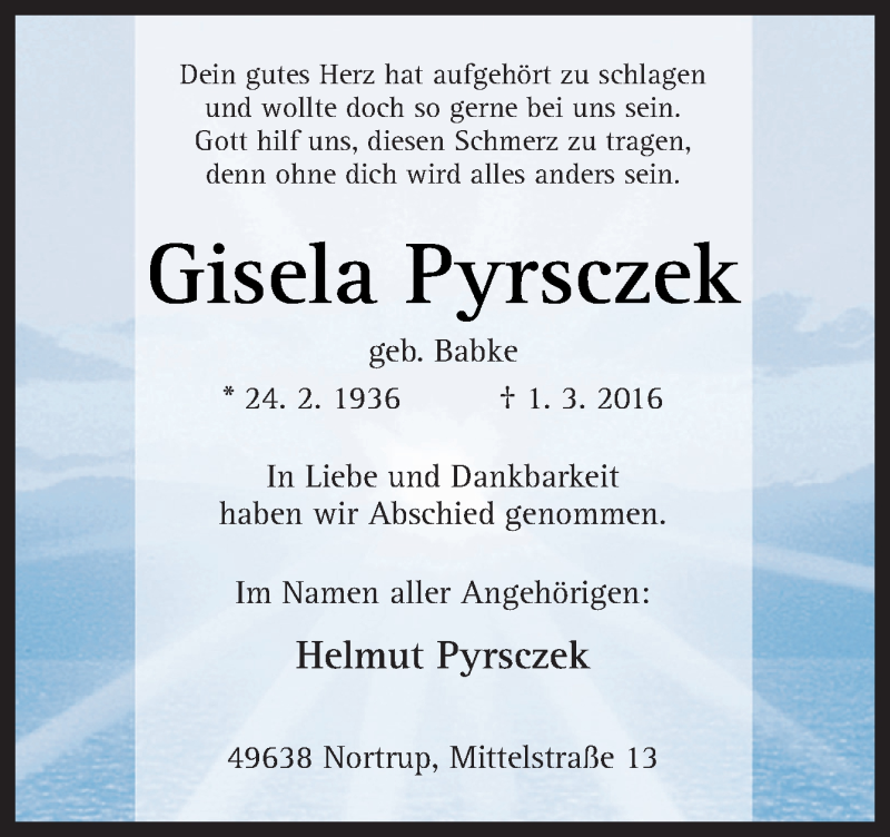  Traueranzeige für Gisela Pyrsczek vom 09.03.2016 aus Neue Osnabrücker Zeitung GmbH & Co. KG