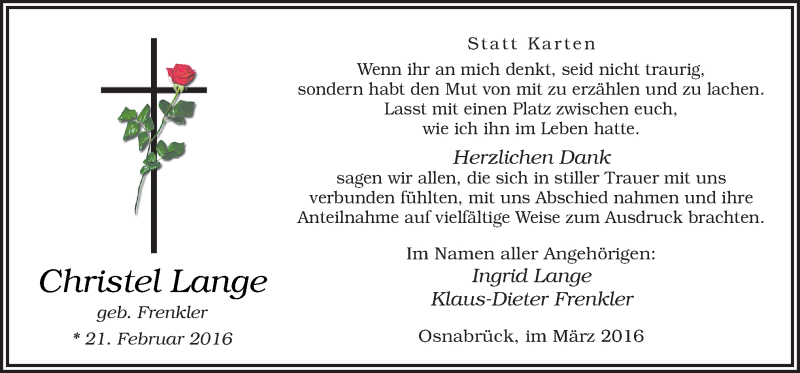  Traueranzeige für Christel Lange vom 19.03.2016 aus Neue Osnabrücker Zeitung GmbH & Co. KG