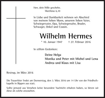 Traueranzeige von Wilhelm Hermes von Neue Osnabrücker Zeitung GmbH & Co. KG