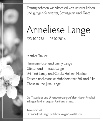 Traueranzeige von Anneliese Lange von Neue Osnabrücker Zeitung GmbH & Co. KG