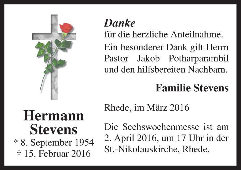  Traueranzeige für Hermann Stevens vom 31.03.2016 aus Neue Osnabrücker Zeitung GmbH & Co. KG