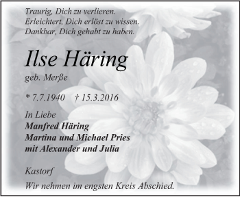 Traueranzeige von Ilse Häring von Neue Osnabrücker Zeitung GmbH & Co. KG