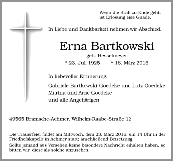 Traueranzeige von Erna Bartkowski von Neue Osnabrücker Zeitung GmbH & Co. KG