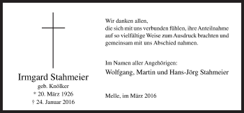 Traueranzeige von Irmgard Stahmeier von Neue Osnabrücker Zeitung GmbH & Co. KG