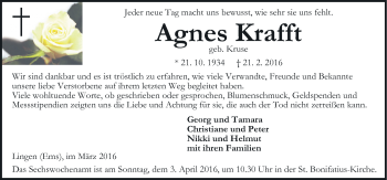 Traueranzeige von Agnes Krafft von Neue Osnabrücker Zeitung GmbH & Co. KG