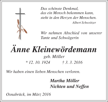 Traueranzeige von Änne Kleinewördemann von Neue Osnabrücker Zeitung GmbH & Co. KG