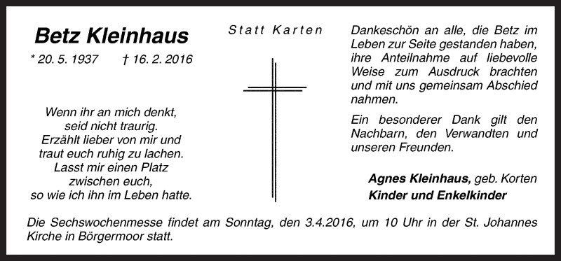  Traueranzeige für Betz Kleinhaus vom 31.03.2016 aus Neue Osnabrücker Zeitung GmbH & Co. KG