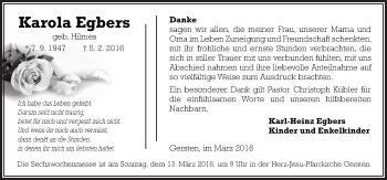 Traueranzeige von Karola Egbers von Neue Osnabrücker Zeitung GmbH & Co. KG