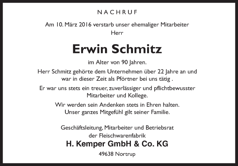  Traueranzeige für Erwin Schmitz vom 19.03.2016 aus Neue Osnabrücker Zeitung GmbH & Co. KG