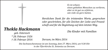 Traueranzeige von Thekla Hackmann von Neue Osnabrücker Zeitung GmbH & Co. KG