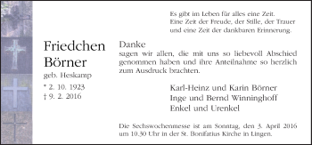 Traueranzeige von Friedchen Börner von Neue Osnabrücker Zeitung GmbH & Co. KG