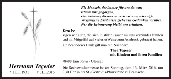 Traueranzeige von Hermann Tegeder von Neue Osnabrücker Zeitung GmbH & Co. KG