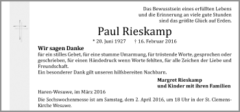 Traueranzeige von Paul Rieskamp von Neue Osnabrücker Zeitung GmbH & Co. KG