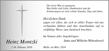 Traueranzeige von Heinz Montzki von Neue Osnabrücker Zeitung GmbH & Co. KG