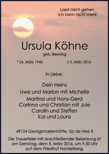 Traueranzeige von Ursula Köhne von Neue Osnabrücker Zeitung GmbH & Co. KG