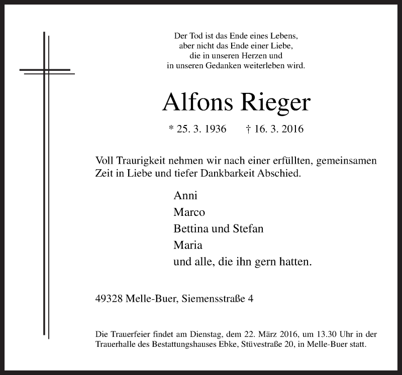  Traueranzeige für Alfons Rieger vom 18.03.2016 aus Neue Osnabrücker Zeitung GmbH & Co. KG