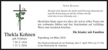 Traueranzeige von Thekla Kohnen von Neue Osnabrücker Zeitung GmbH & Co. KG