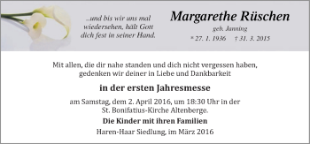 Traueranzeige von Margarethe Rüschen von Neue Osnabrücker Zeitung GmbH & Co. KG