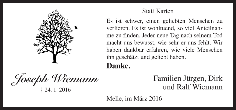  Traueranzeige für Joseph Wiemann vom 19.03.2016 aus Neue Osnabrücker Zeitung GmbH & Co. KG