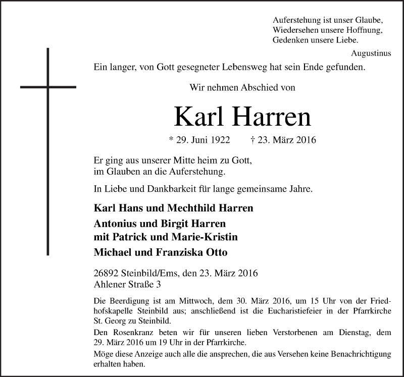  Traueranzeige für Karl Harren vom 26.03.2016 aus Neue Osnabrücker Zeitung GmbH & Co. KG