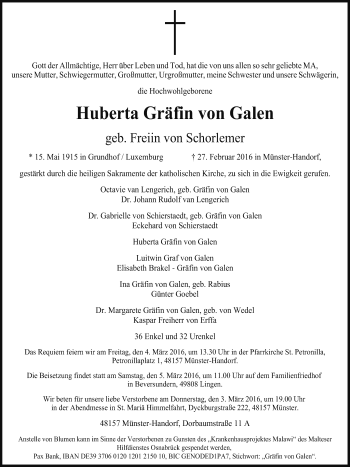 Traueranzeige von Huberta Gräfin von Galen von Neue Osnabrücker Zeitung GmbH & Co. KG