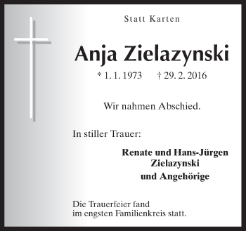 Traueranzeige von Anja Zielazynski von Neue Osnabrücker Zeitung GmbH & Co. KG