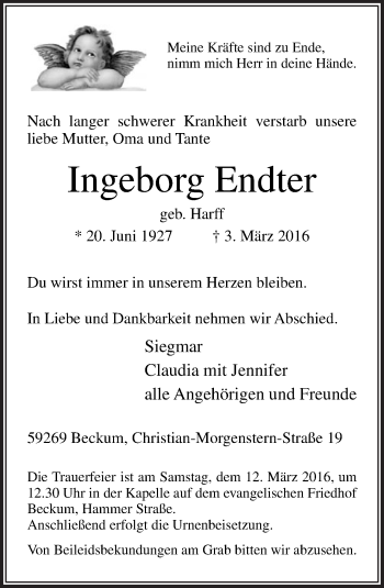 Traueranzeige von Ingeborg Endter von Neue Osnabrücker Zeitung GmbH & Co. KG