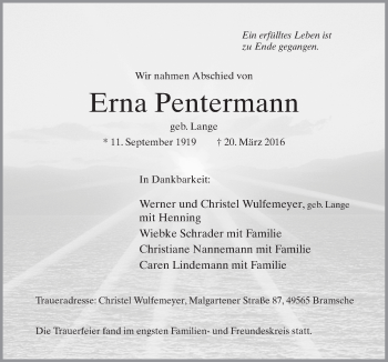 Traueranzeige von Erna Pentermann von Neue Osnabrücker Zeitung GmbH & Co. KG